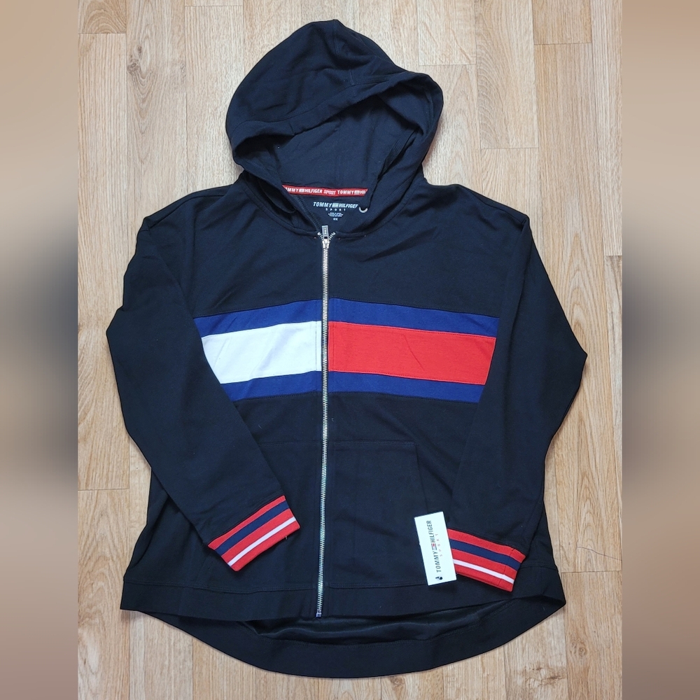Tommy Hilfiger Womens Black Hoodie with Red, White, and Blue Stripes Size OX